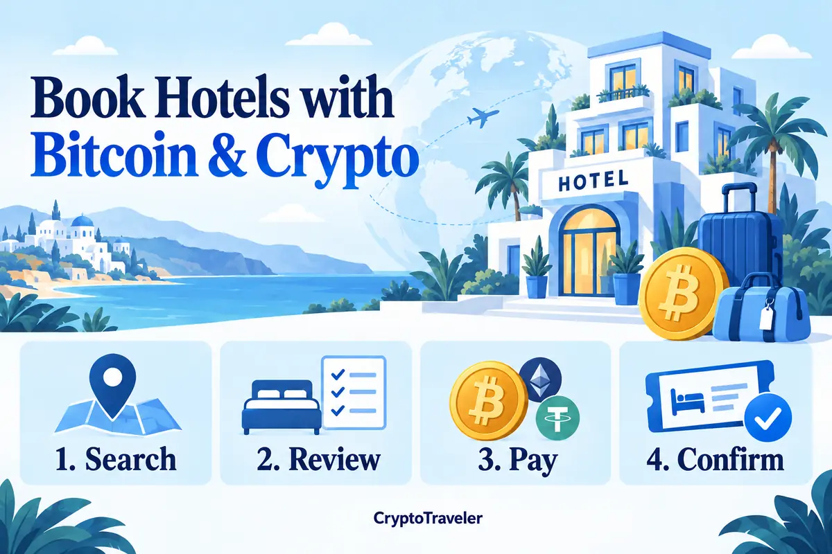 Hotel booking with Bitcoin and crypto: search, review room rates, pay the invoice, and check confirmation.