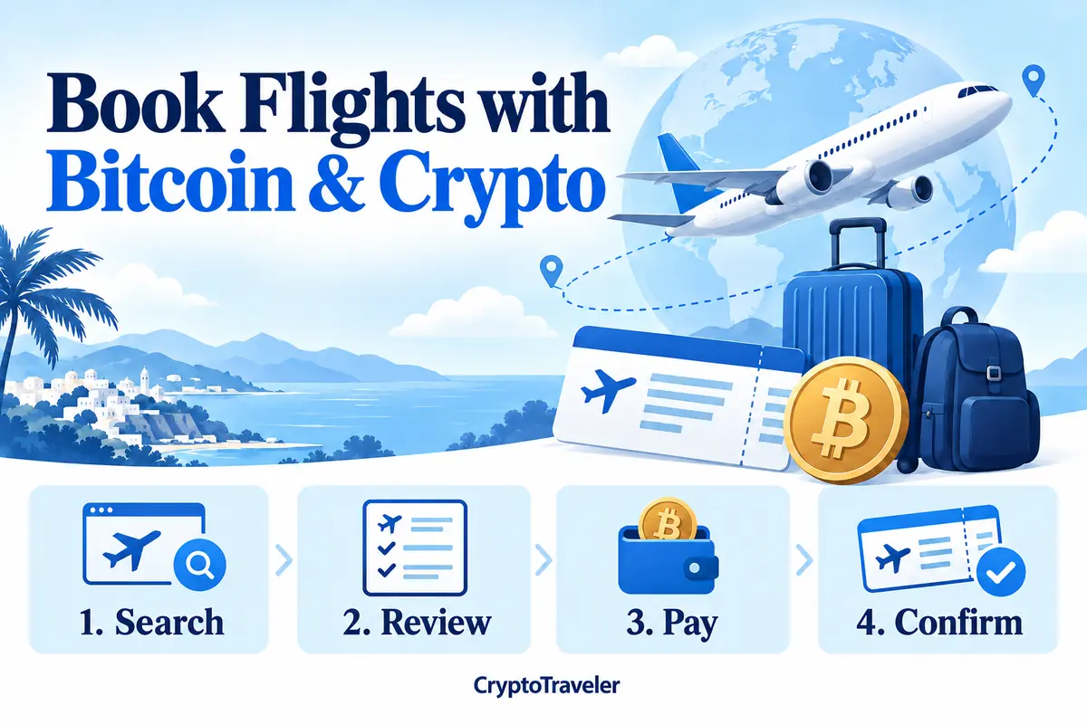 Flight booking with Bitcoin and crypto: search, review fare rules, pay the invoice, and check confirmation.