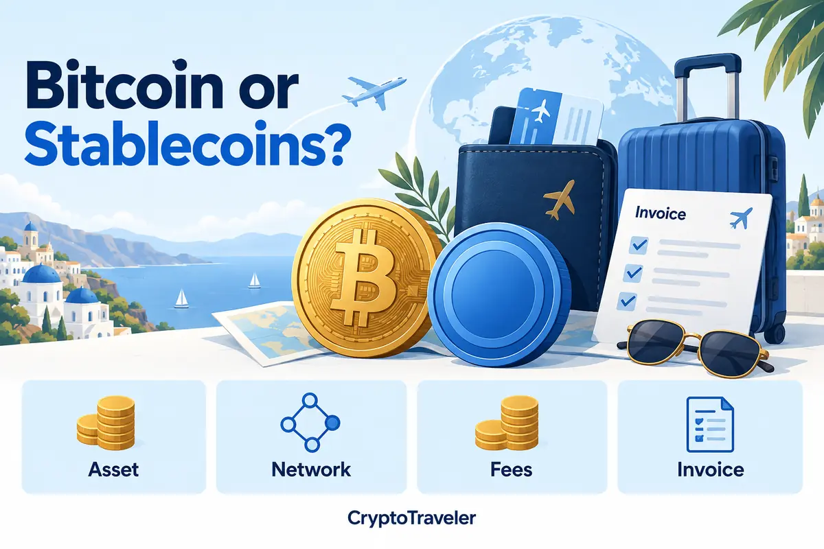Bitcoin and a stablecoin beside travel luggage, with checks for the asset, network, fees and invoice.