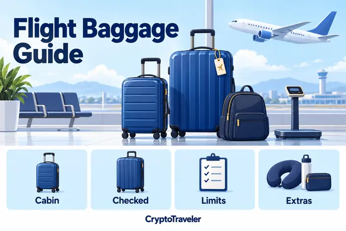 Cabin suitcase, checked suitcase and personal bag at an airport, with cabin, checked, limits and extras panels.