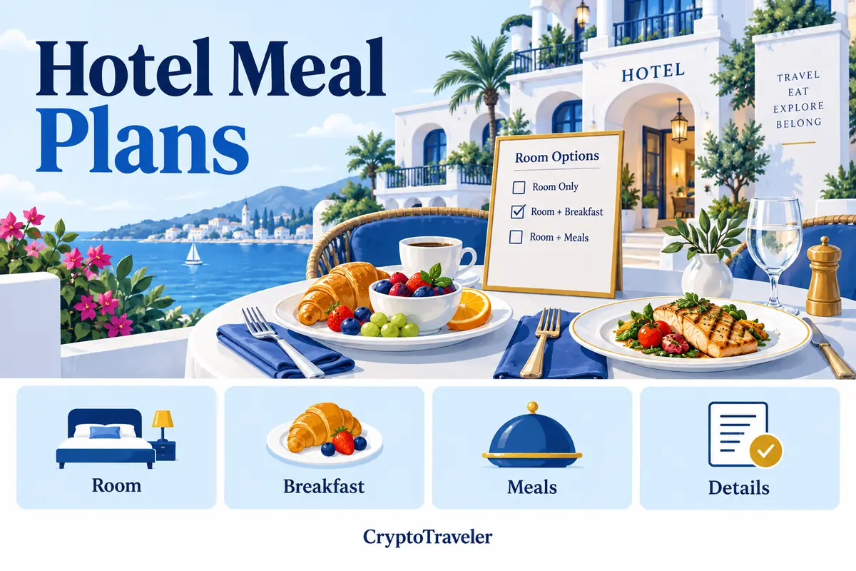 Hotel breakfast and dinner settings beside a room-rate checklist, with room, breakfast, meals and details panels.