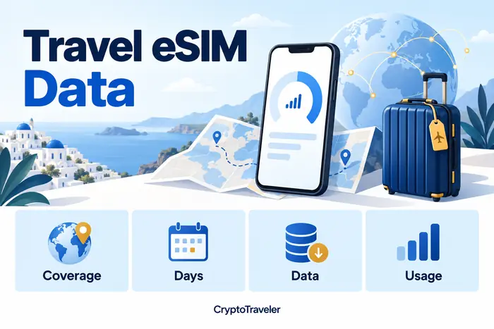 Phone showing a data meter beside a travel map and suitcase, with coverage, days, data and usage panels.