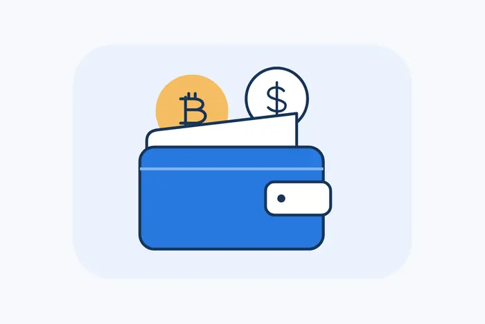 Wallet with Bitcoin and stablecoin payment symbols.