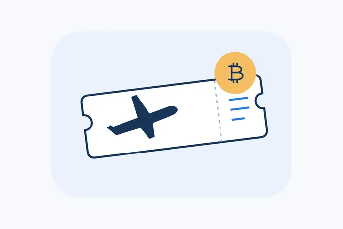 Flight ticket with an airplane symbol and a Bitcoin token.