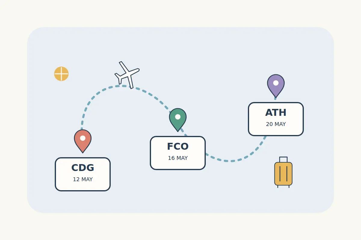 Three airport cards connected by a curved flight route, with an airplane and suitcase.