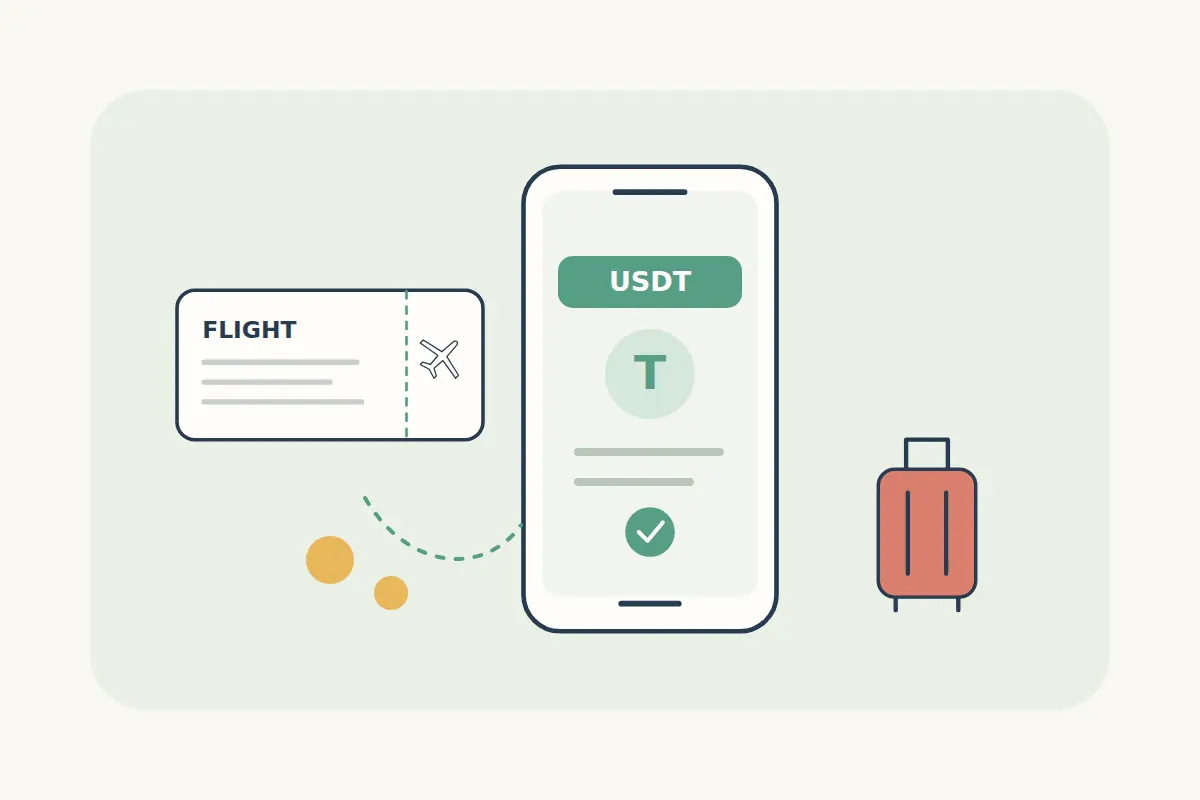 A flight ticket beside a USDT payment screen, confirmation check and coral suitcase.