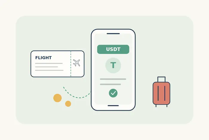 A flight ticket beside a USDT payment screen, confirmation check and coral suitcase.