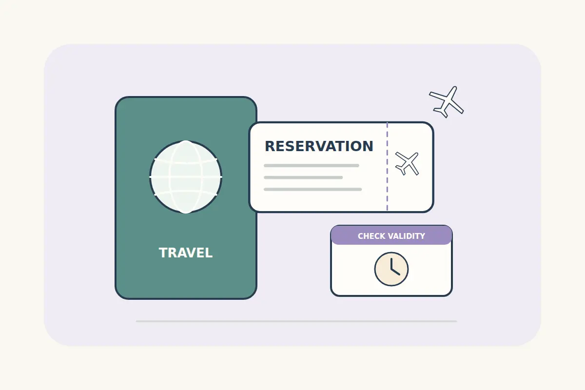 Travel document and onward reservation beside a calendar and clock showing the need to check validity.