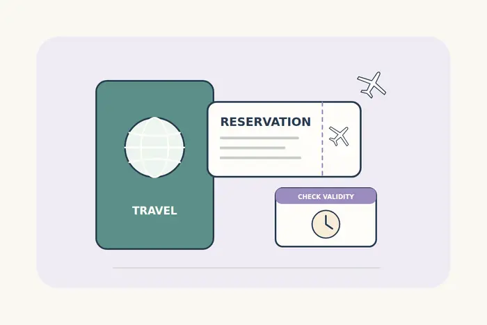 Travel document and onward reservation beside a calendar and clock showing the need to check validity.