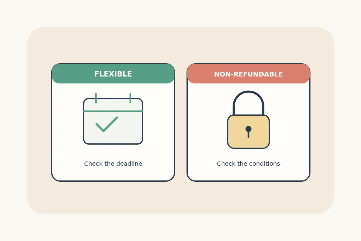 Side-by-side hotel rate cards show a flexible cancellation calendar and a non-refundable lock.