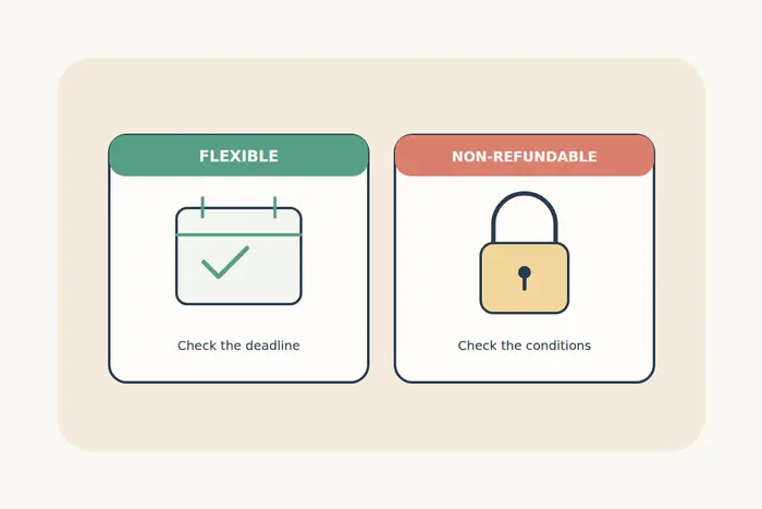 Side-by-side hotel rate cards show a flexible cancellation calendar and a non-refundable lock.