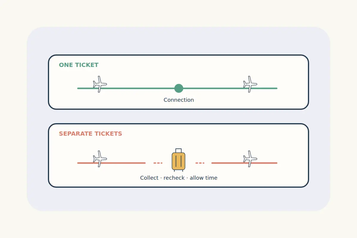 A continuous one-ticket connection is compared with separate tickets and a baggage recheck between flights.