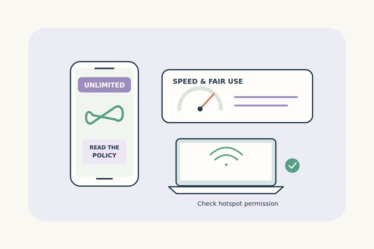 An unlimited data phone sits beside a fair-use speed dial and a laptop hotspot, with a check for the sharing policy.