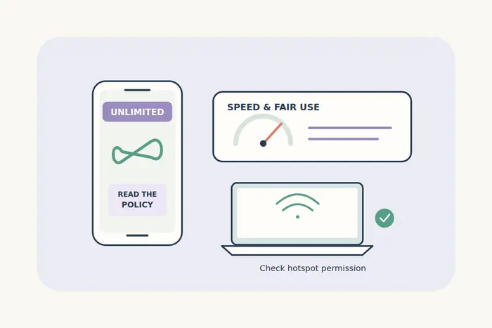 An unlimited data phone sits beside a fair-use speed dial and a laptop hotspot, with a check for the sharing policy.