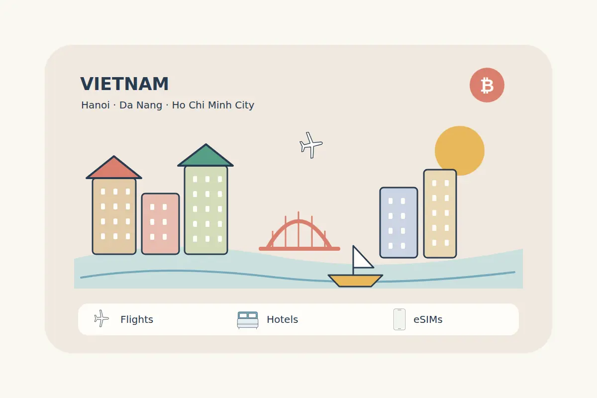Warm Vietnamese city façades, a simple arched bridge and a small sailboat form an original travel scene for Hanoi, Da Nang and Ho Chi Minh City.