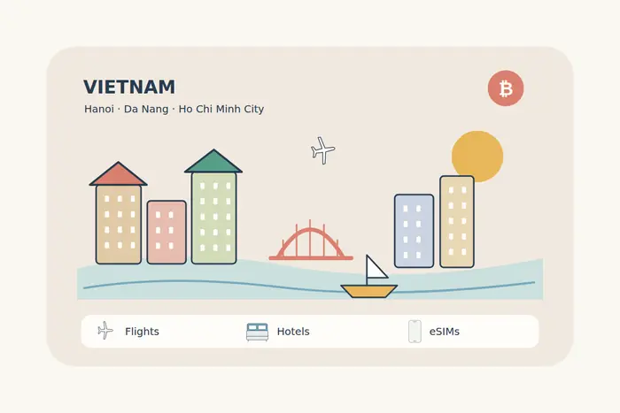 Warm Vietnamese city façades, a simple arched bridge and a small sailboat form an original travel scene for Hanoi, Da Nang and Ho Chi Minh City.