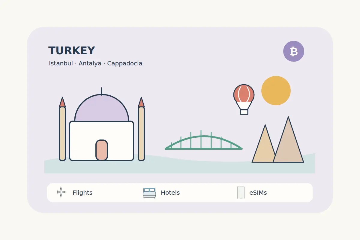 An Istanbul-inspired domed silhouette and bridge sit beside Cappadocia-inspired rock forms and a small balloon in a clean illustrated Turkey scene.