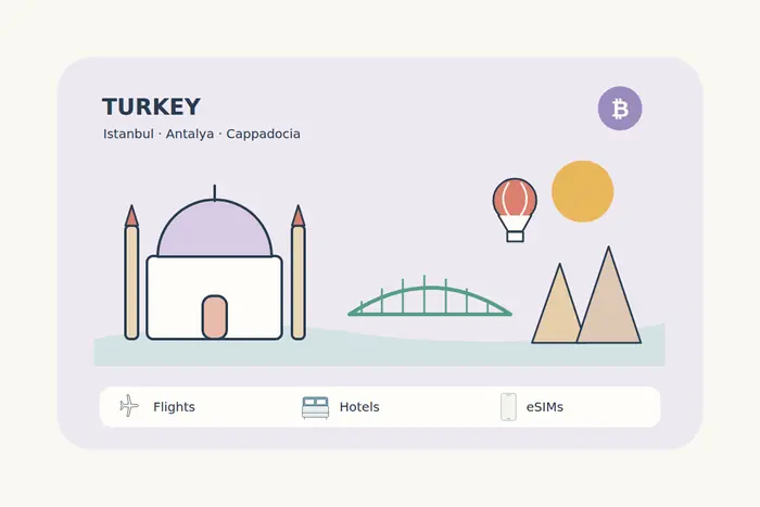 An Istanbul-inspired domed silhouette and bridge sit beside Cappadocia-inspired rock forms and a small balloon in a clean illustrated Turkey scene.