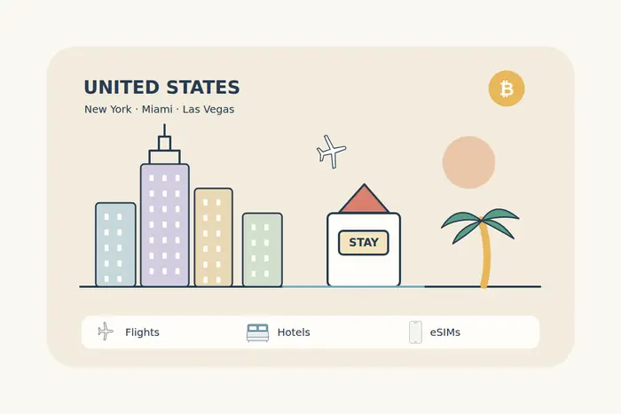 An original United States travel illustration combines a New York-inspired skyline, a compact hotel sign and a Miami-inspired palm with booking symbols.