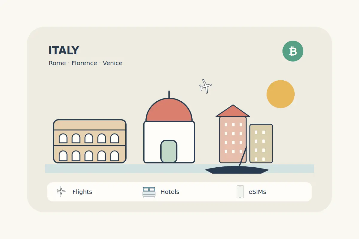 Italian travel is represented by simple Roman arches, a Florence-inspired dome, Venetian façades and a small gondola silhouette.