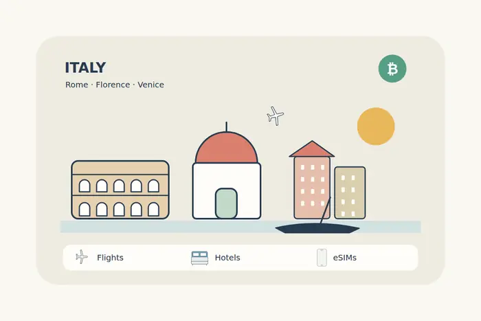 Italian travel is represented by simple Roman arches, a Florence-inspired dome, Venetian façades and a small gondola silhouette.