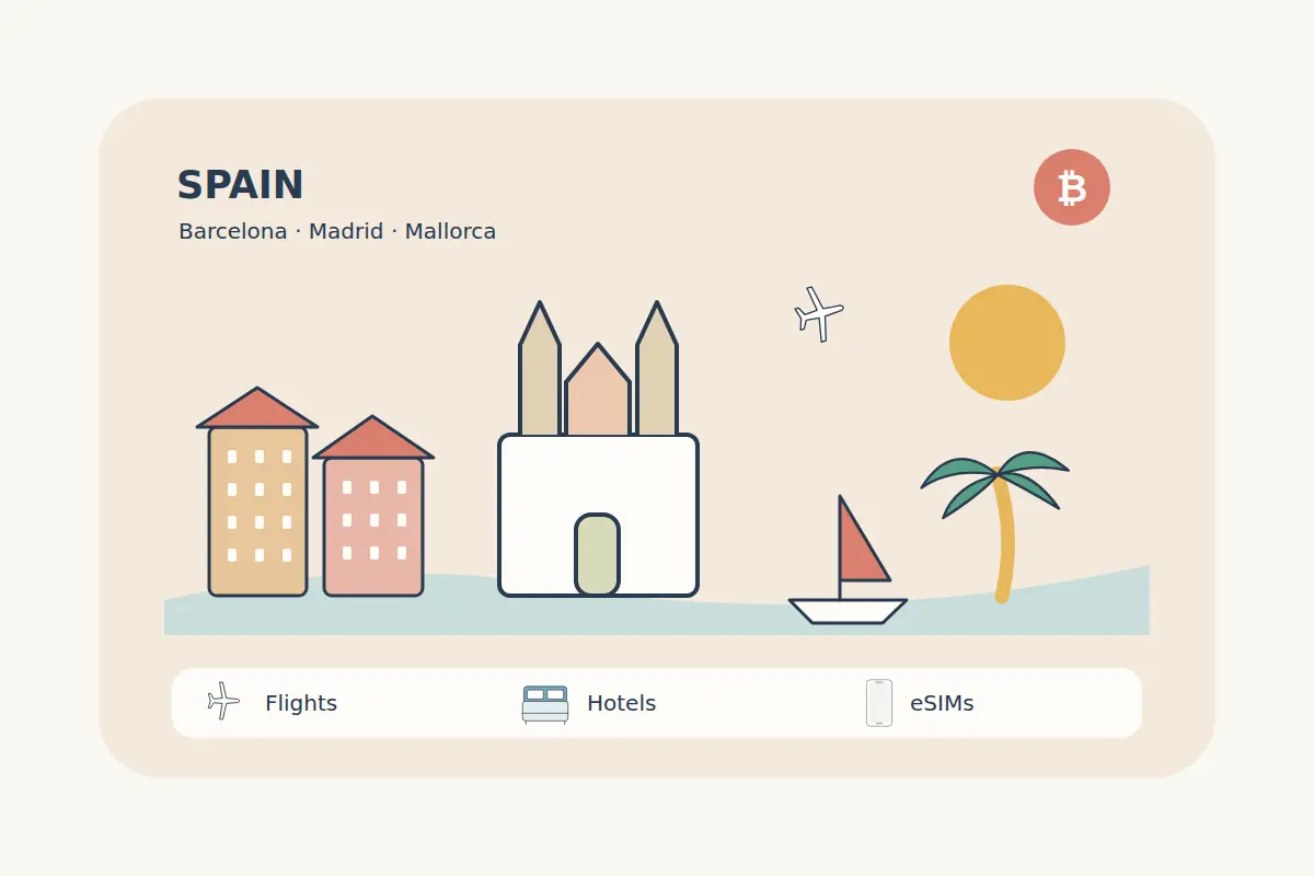 A stylized Spain scene brings together warm city façades, slender architectural towers and a Mallorca-inspired sailboat and palm.