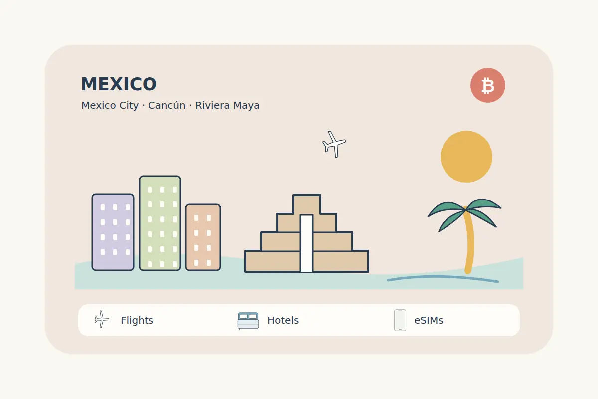A simple Mexico travel scene combines city buildings, a stepped heritage-inspired structure and a Caribbean-inspired palm beside the water.