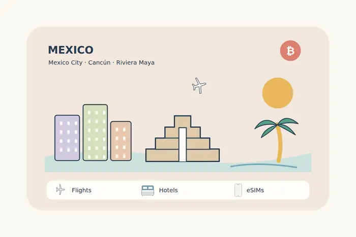 A simple Mexico travel scene combines city buildings, a stepped heritage-inspired structure and a Caribbean-inspired palm beside the water.