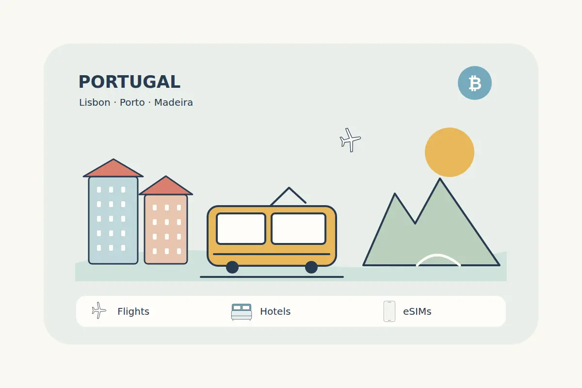 Lisbon-inspired tiled façades and a yellow tram sit alongside stylized Madeira mountain and coastal shapes in a clean Portugal travel illustration.