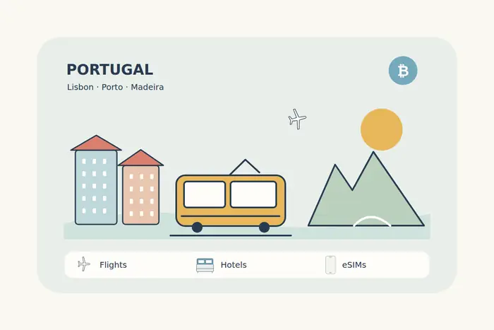 Lisbon-inspired tiled façades and a yellow tram sit alongside stylized Madeira mountain and coastal shapes in a clean Portugal travel illustration.