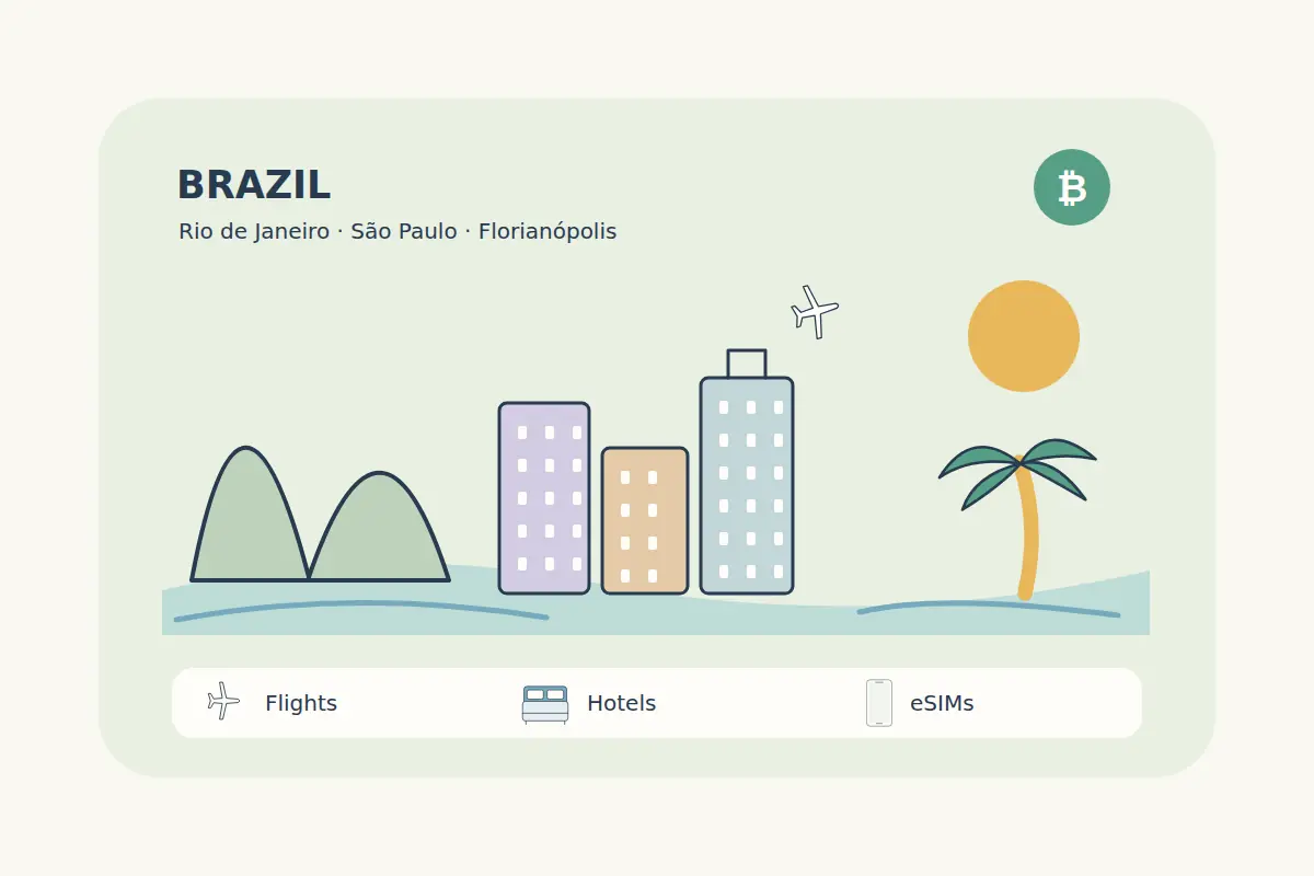 Rio-inspired rounded mountains, a São Paulo-inspired skyline and coastal palms create a colorful Brazil travel scene with flight, hotel and eSIM symbols.