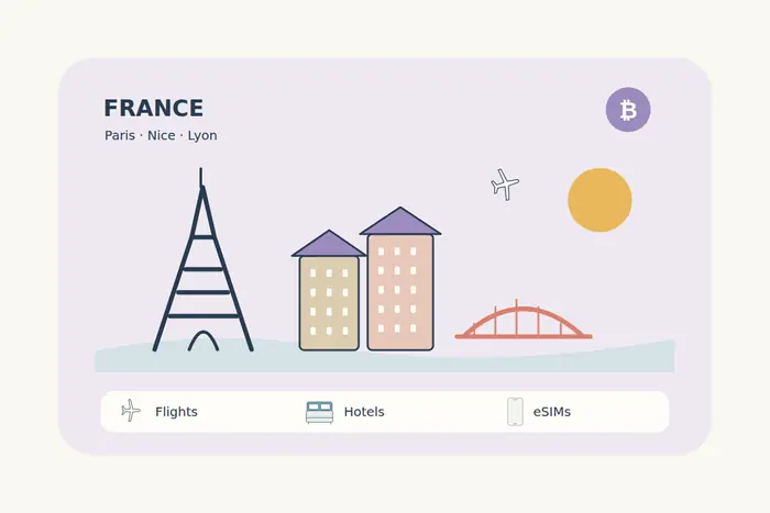 An Eiffel-inspired tower, warm French façades and a simple river bridge form an original Paris, Nice and Lyon travel illustration.