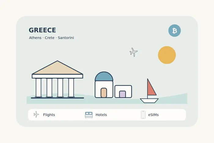 A clean Greece travel scene combines classical columns, white island buildings with a blue dome and a sailboat beside warm coastal water.