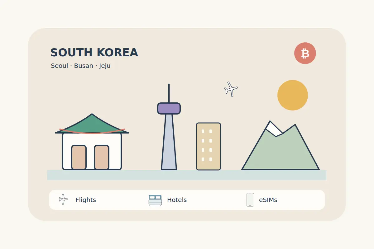 A Korean-inspired traditional roof, a Seoul-inspired tower, city buildings and Jeju-inspired mountain shapes form a colorful original travel illustration.