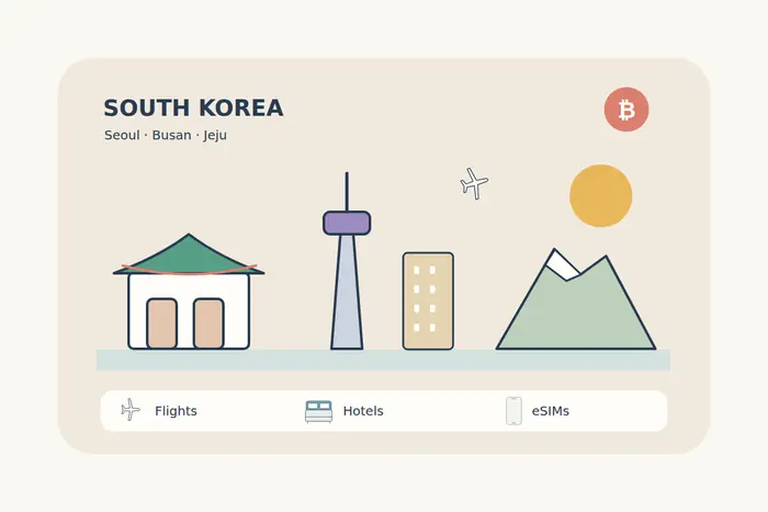 A Korean-inspired traditional roof, a Seoul-inspired tower, city buildings and Jeju-inspired mountain shapes form a colorful original travel illustration.