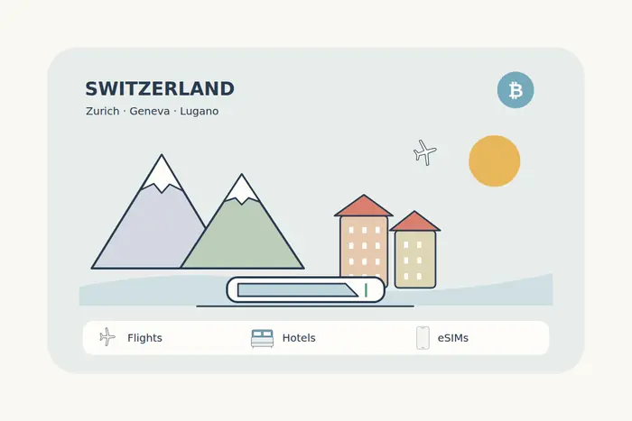Stylized Swiss peaks, lakeside city façades and a small train form a clean travel illustration for Zurich, Geneva and Lugano.
