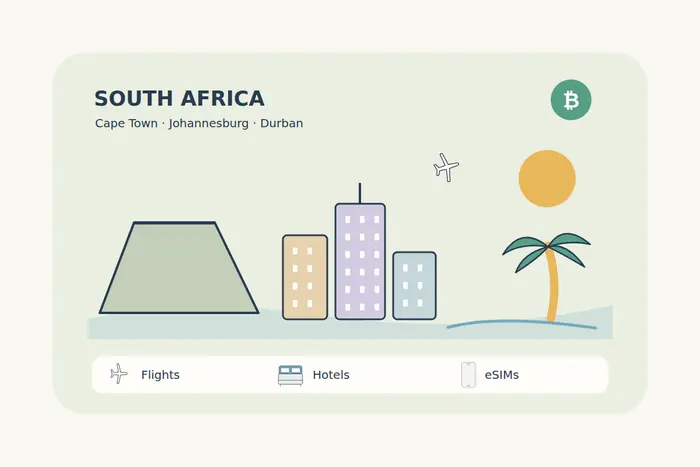 A Cape Town-inspired flat-topped mountain, Johannesburg-inspired skyline and Durban-inspired palm create a simple colorful South Africa travel scene.
