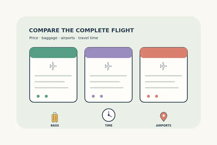 Three clean flight comparison cards sit above baggage, clock and airport-pin symbols, illustrating a complete journey comparison.
