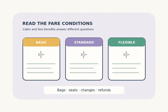 Basic, Standard and Flexible fare labels appear on three tickets with neutral condition lines, avoiding a promise that any specific benefit is included.