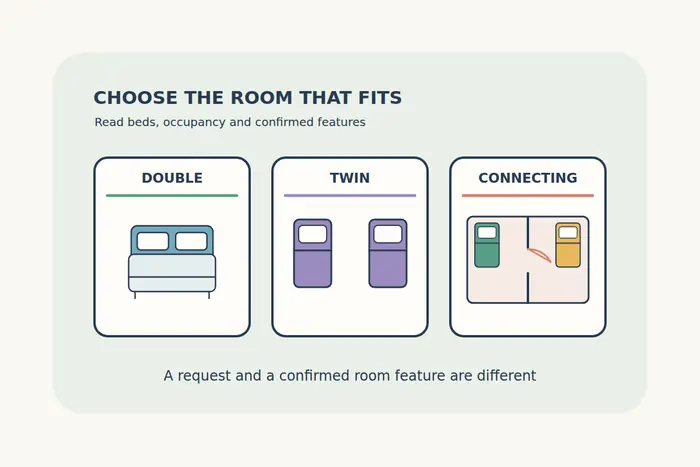 Room diagrams compare one double bed, two separate twin beds and two rooms with an internal door, emphasizing the actual room arrangement.