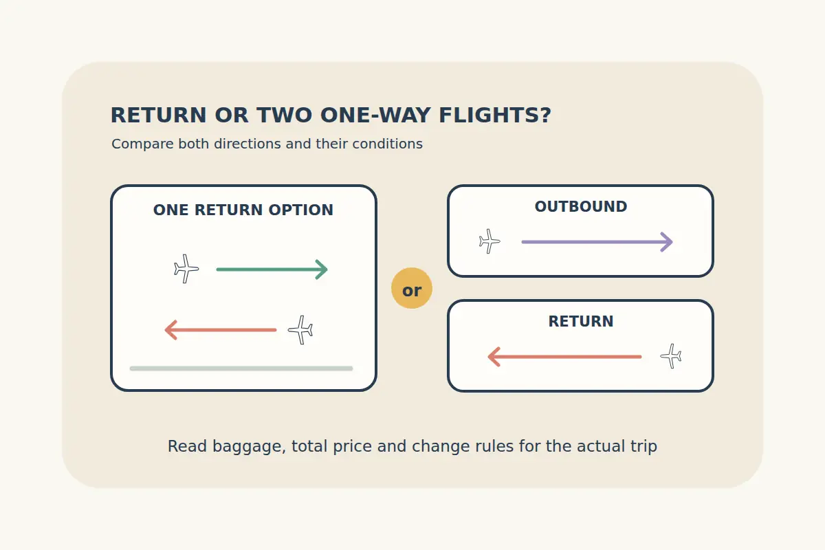 A return ticket with two directional arrows is compared with separate outbound and return tickets, without suggesting one is always cheaper.