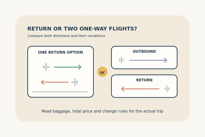 A return ticket with two directional arrows is compared with separate outbound and return tickets, without suggesting one is always cheaper.