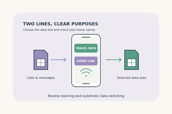 A phone shows separate Travel Data and Home Line panels, linked to two SIM symbols to illustrate purposeful dual-SIM line selection.