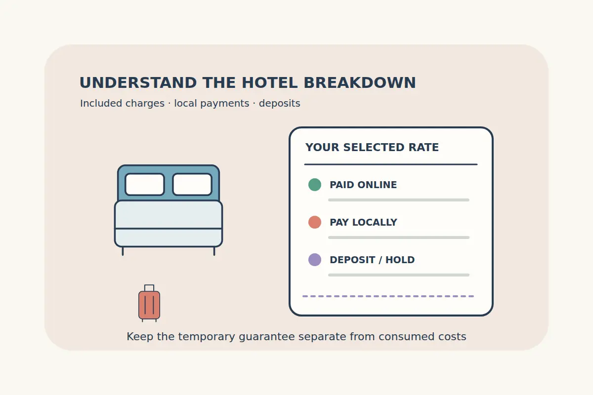 A hotel bed and suitcase sit beside a receipt separating paid-online items, local payments and a deposit or hold with a dashed dividing line.