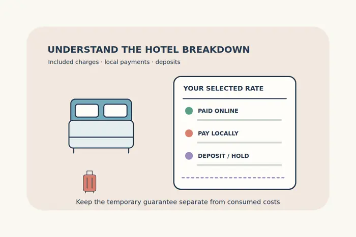 A hotel bed and suitcase sit beside a receipt separating paid-online items, local payments and a deposit or hold with a dashed dividing line.