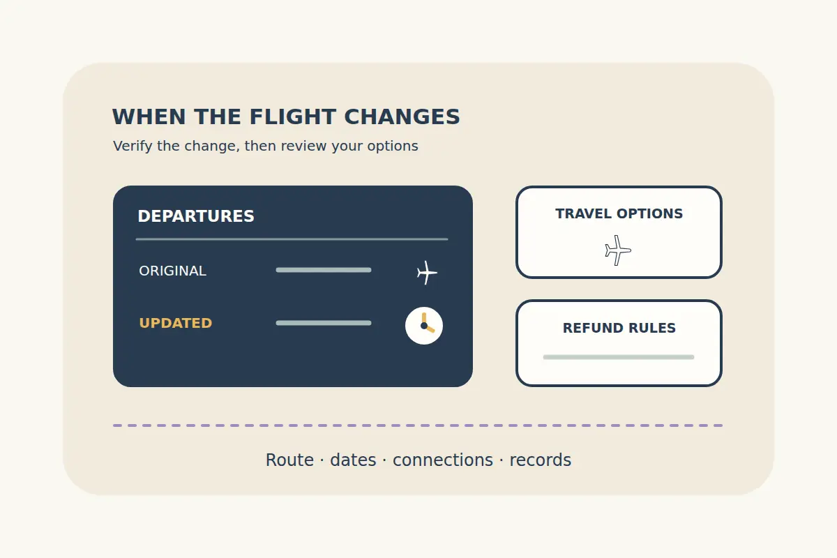 A dark departure board separates the original and updated flight, beside travel-options and refund-rules cards and a line for reviewing the full route.
