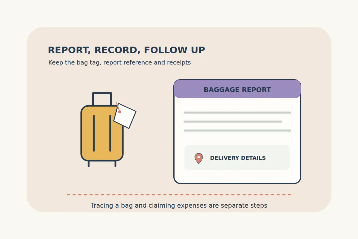 A tagged ochre suitcase sits beside a baggage report containing record lines and a delivery-address pin, emphasizing documentation and follow-up.