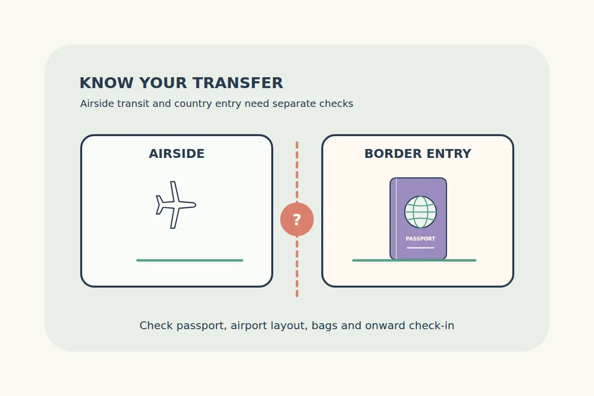 Two distinct airport panels show an airside plane and a passport for border entry, divided by a dotted boundary and a question symbol.