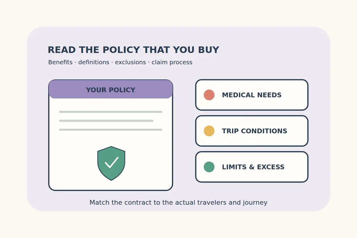 A policy document and shield sit beside three review cards for medical needs, trip conditions, and limits and excess, illustrating a policy comparison.