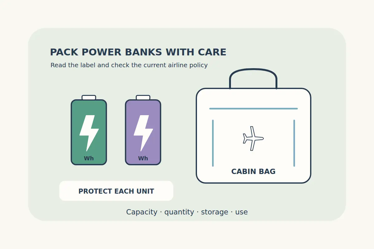 Two power banks with visible Wh labels sit beside a cabin bag and plane symbol, with a reminder to protect each unit and check capacity, quantity, storage and use.